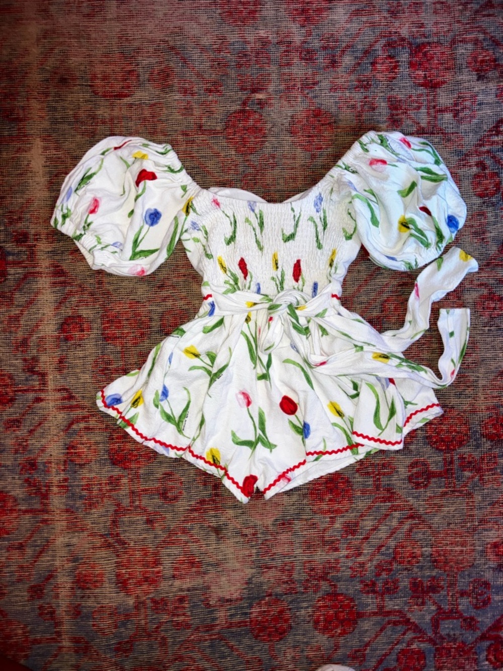 Fashion Brand Company limited edition tulip print linen Romper with Rickrack - Picture 2 of 3